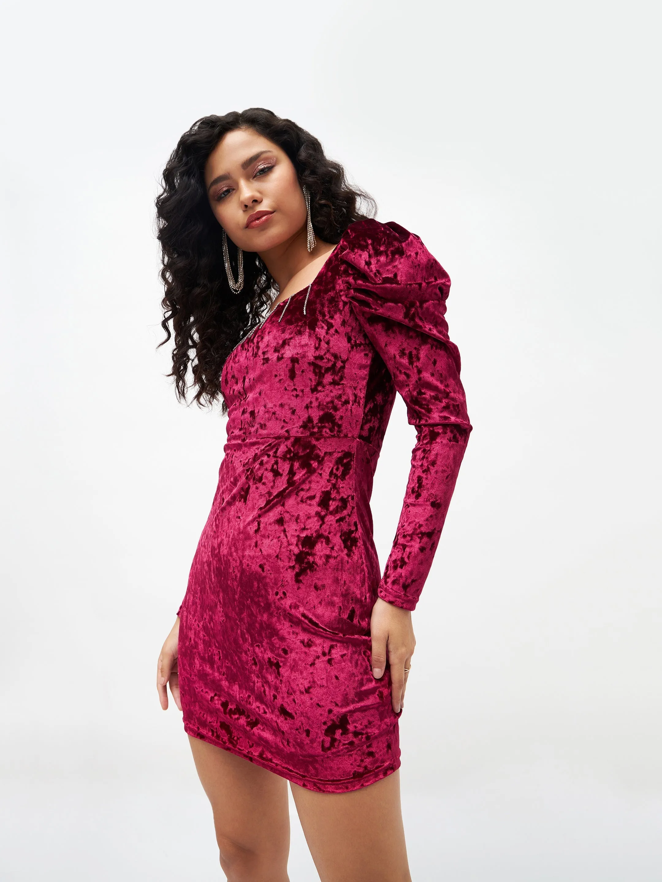 Women Red Velvet Puff Sleeves Bodycon Dress