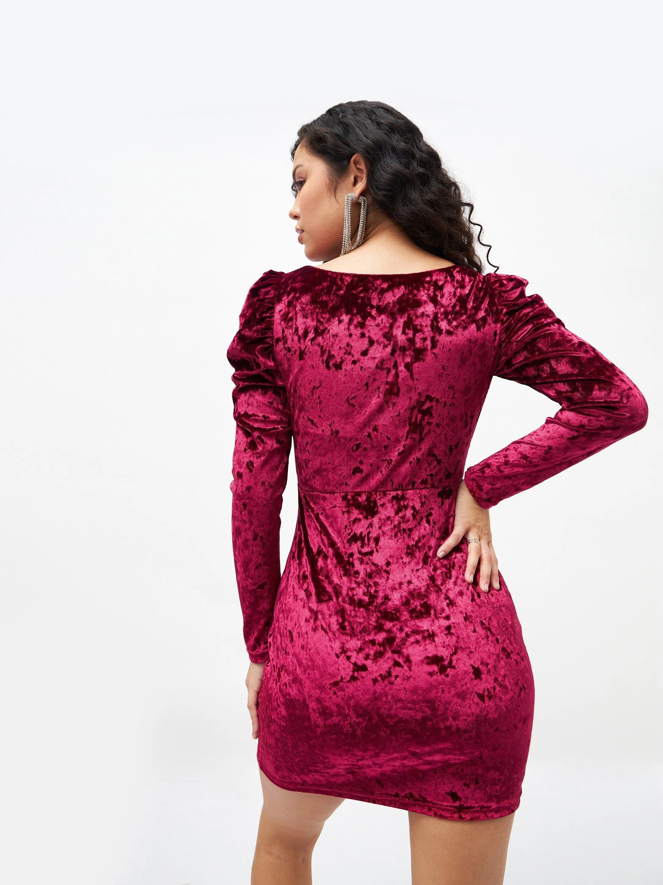 Women Red Velvet Puff Sleeves Bodycon Dress