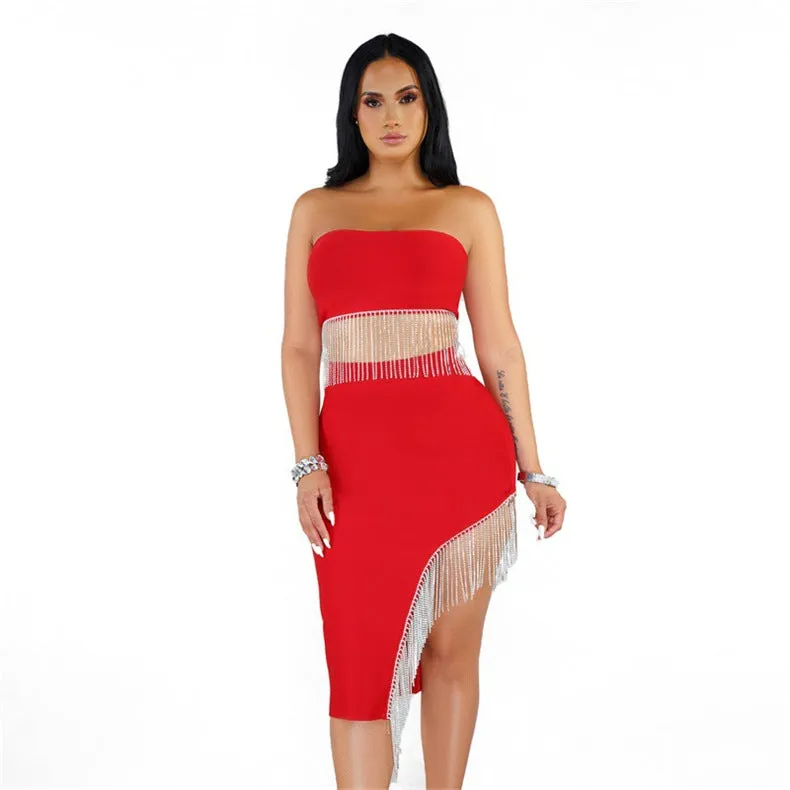 Women Suit Sexy Nightclub Zipper Tube Top Irregular Asymmetric Skirt Two Piece Set