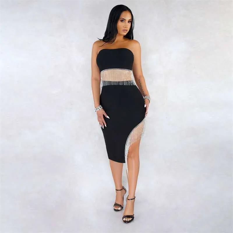 Women Suit Sexy Nightclub Zipper Tube Top Irregular Asymmetric Skirt Two Piece Set