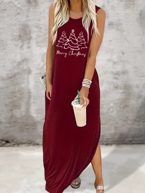 Women'S Casual Christmas Tree Print Applique Sleeveless Maxi Dress, Polyester Knit Fabric, with Slit Hem, for Summer