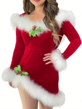 Women's Christmas Santa Costume, Long Sleeve Plush Trim Mini Hooded Dress Cosplay Suit