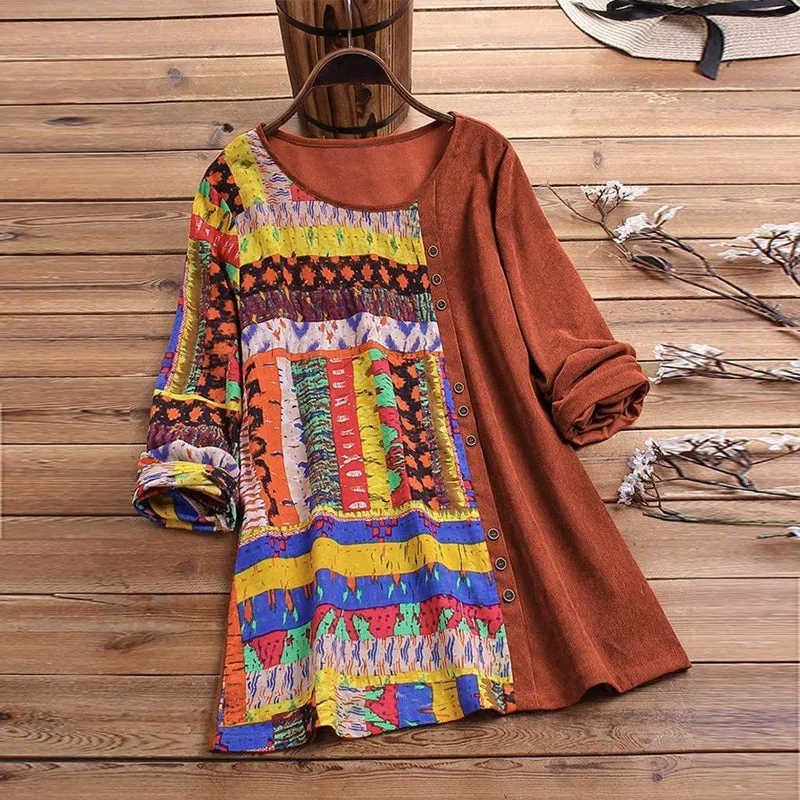 Womens Floral Ethnic Style Stitching Printing Long Sleeve Top