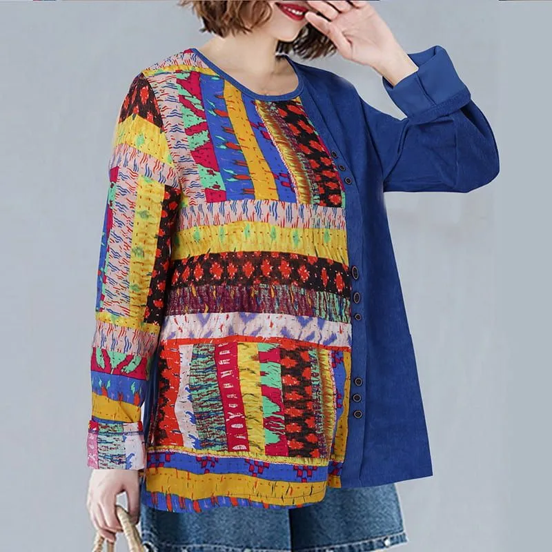 Womens Floral Ethnic Style Stitching Printing Long Sleeve Top