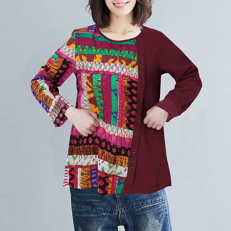 Womens Floral Ethnic Style Stitching Printing Long Sleeve Top