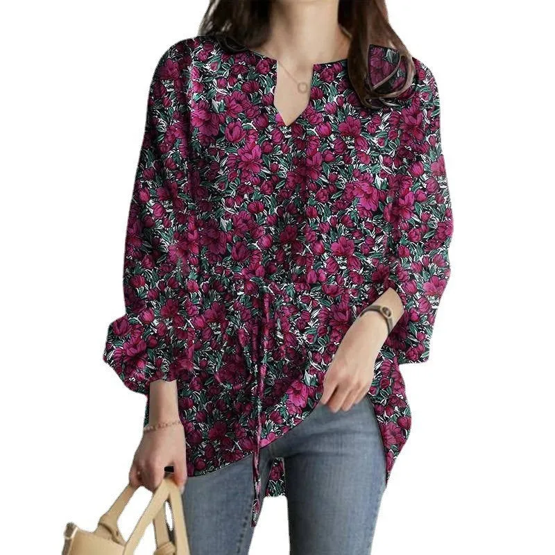 Womens V-Neck Floral Print Long Sleeve Boho Tops with Drawstring