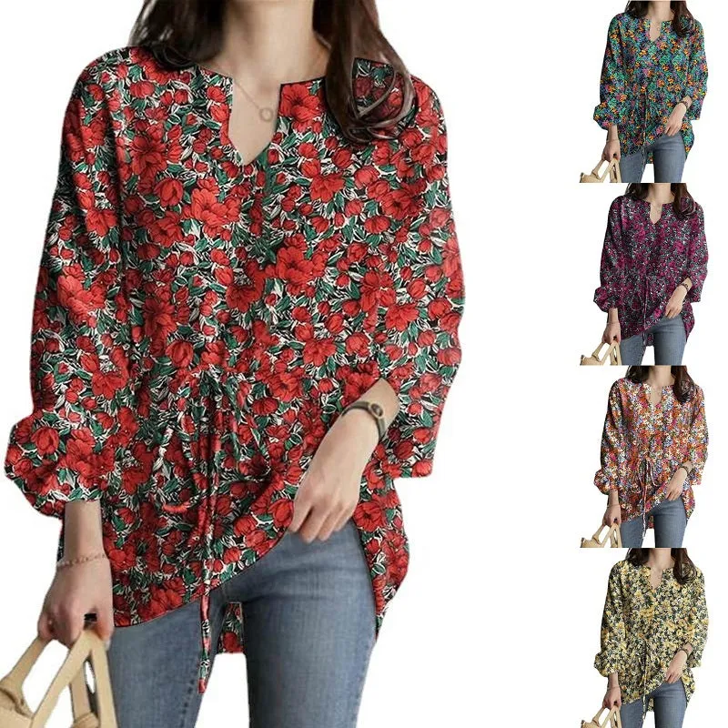 Womens V-Neck Floral Print Long Sleeve Boho Tops with Drawstring