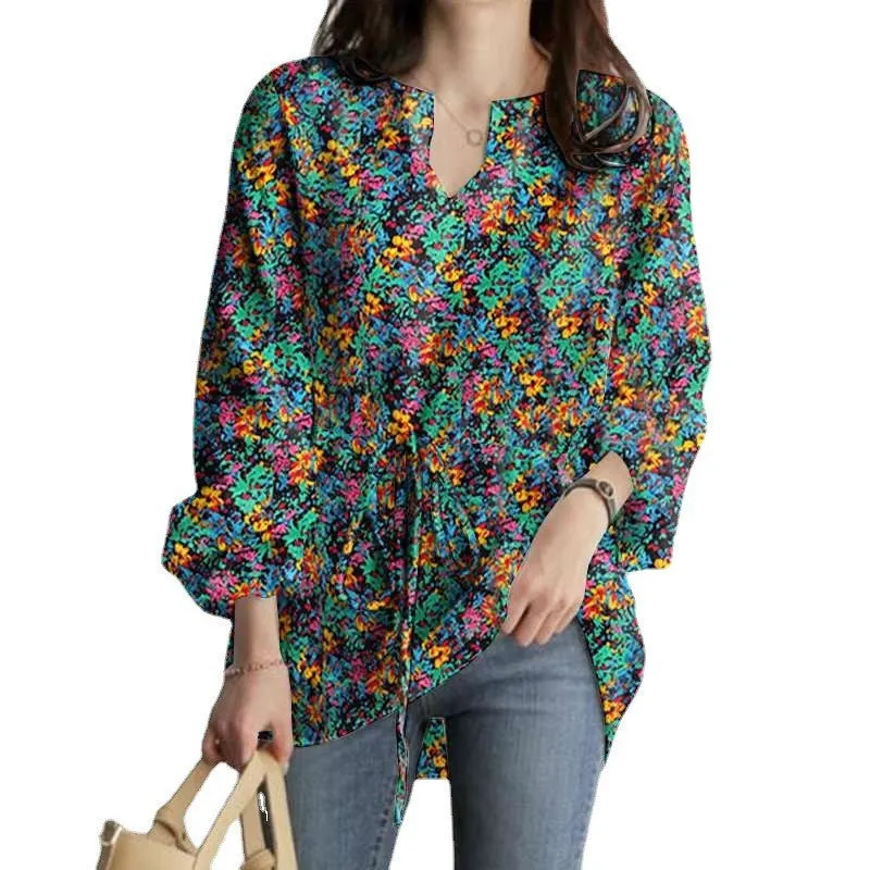 Womens V-Neck Floral Print Long Sleeve Boho Tops with Drawstring