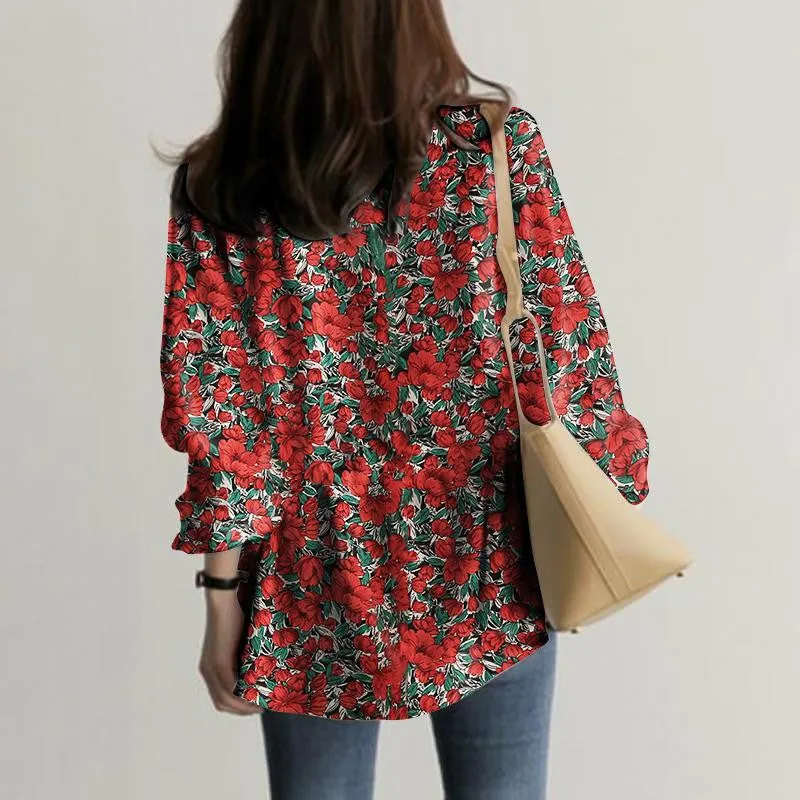 Womens V-Neck Floral Print Long Sleeve Boho Tops with Drawstring