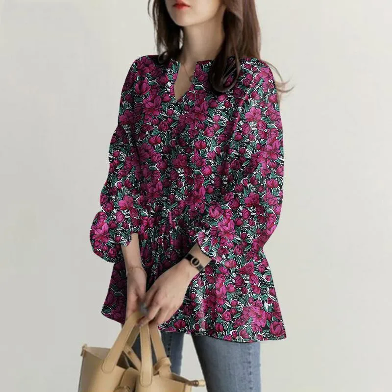 Womens V-Neck Floral Print Long Sleeve Boho Tops with Drawstring