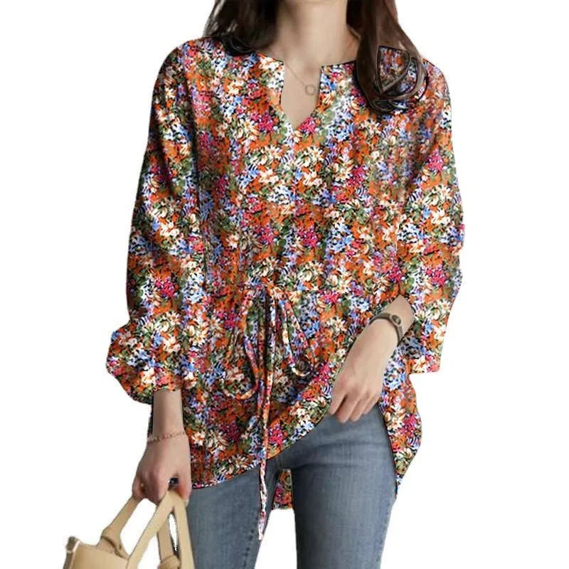 Womens V-Neck Floral Print Long Sleeve Boho Tops with Drawstring