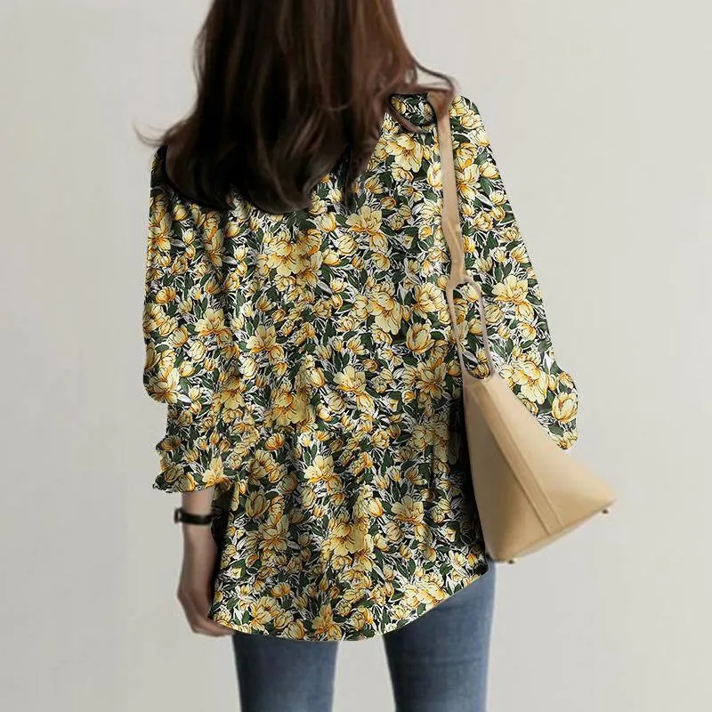 Womens V-Neck Floral Print Long Sleeve Boho Tops with Drawstring