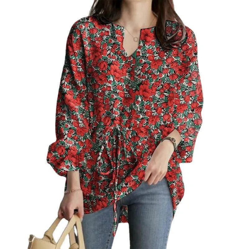 Womens V-Neck Floral Print Long Sleeve Boho Tops with Drawstring