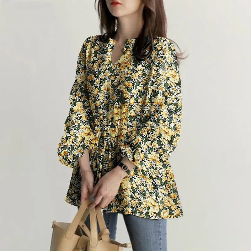 Womens V-Neck Floral Print Long Sleeve Boho Tops with Drawstring