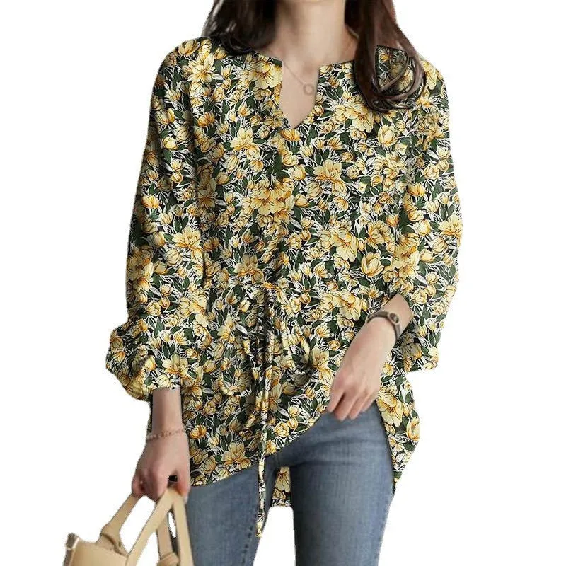 Womens V-Neck Floral Print Long Sleeve Boho Tops with Drawstring