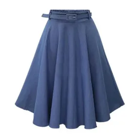 Women's Vintage High Waist A-Line Flared Midi Skirts with Belts