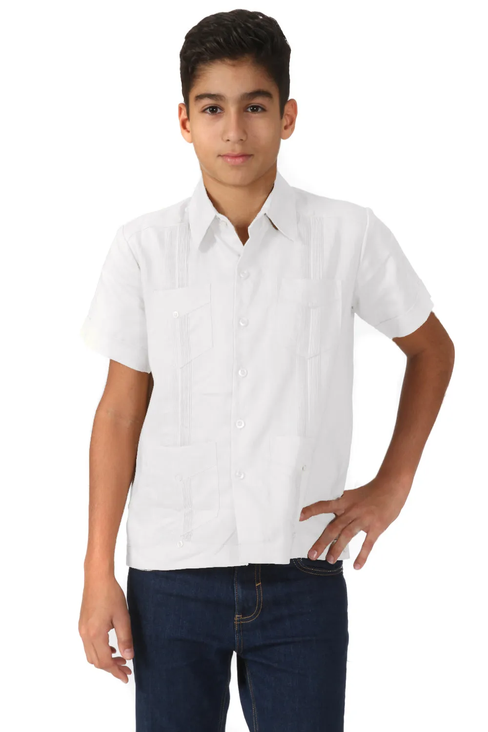 Youth Boys Cotton Blend Guayabera Shirt Short Sleeve 12-18